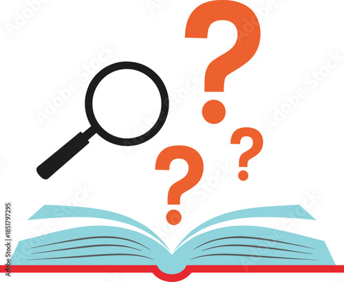 Mystery Book Investigation Concept with Question Marks and Magnifying Glass – Isolated Vector