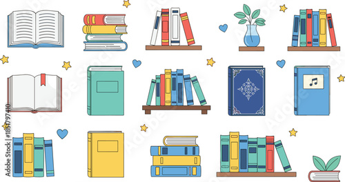 Books and bookshelf icon set, colorful cartoon-style illustrations with stars, hearts, plants, bookmarks, flat vector design