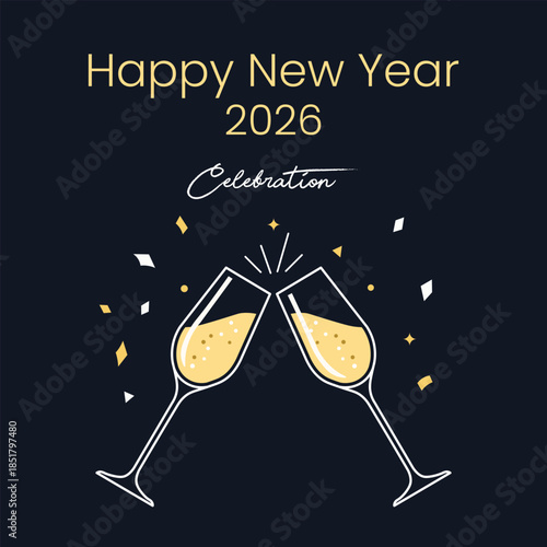 Happy New Year 2026 Vector Illustration with Champagne Glasses Toast Celebration and Confetti JPG