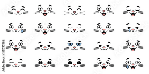 Cartoon cat face emotion icon set, expressive feline reactions, cute animal moods, vector illustration for design and communication