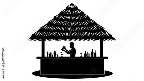A silhouette of a bartender preparing drinks at a thatched roof bar.