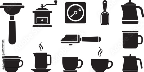 Coffee making tools and drink icons set