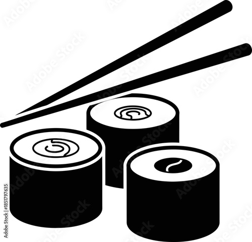Sushi icon with three pieces of maki roll and chopsticks for asian cuisine, restaurant menu, food delivery app. Simple flat vector illustration