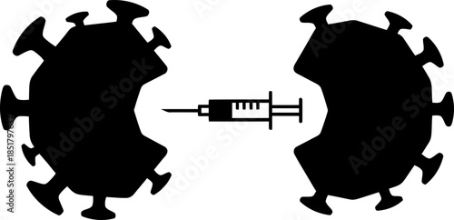 Syringe breaking coronavirus icon. Vaccination concept for virus protection. Cure disease. Vector icon for medical design, banner, poster