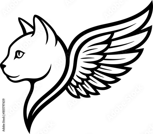 Cat head with wing in a simple black outline style. Fantasy animal symbol or mascot design. Vector illustration for logo, emblem