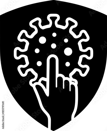 Shield with hand touching coronavirus microbe. Concept of virus protection and medical safety. Vector icon for health sign, poster, banner