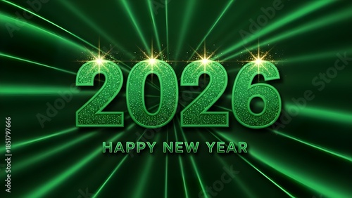 Celebrating the start of 2026 with a vibrant green explosion of light rays and the words Happy New Year