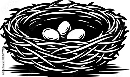 Bird nest with three eggs. Natural habitat and new life concept. Black and white graphic silhouette vector illustration