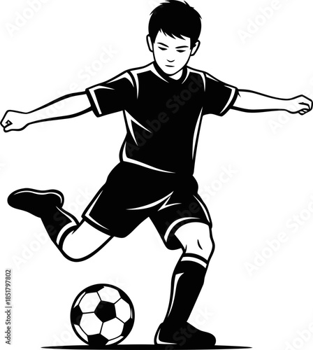 Young boy soccer player kicking the ball action pose cartoon vector illustration for sport game, club logo, championship, competition