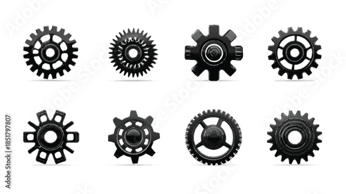 Set of various black gear wheels on white background