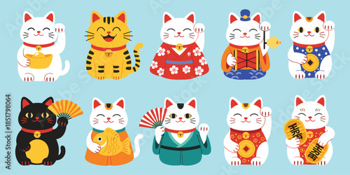 Maneki-neko lucky cat icons, Japanese fortune symbols, cultural mascot illustrations, prosperity charm graphics, traditional beckoning cats -flat vector illustration