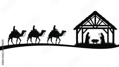 Three wise men on camels approach a nativity scene.