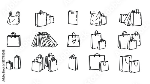 A collection of various shopping bag illustrations are displayed in a grid.