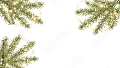Pine tree branches with string lights on white background forming a festive frame