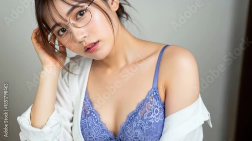 髪に手を添え眼鏡をかけて首をかしげる女性のセクシーなアップ