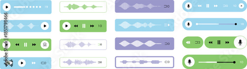 Audio player UI elements, playback controls, waveform bars, recording icons, media interface design, music app components, sound widgets -flat vector illustration