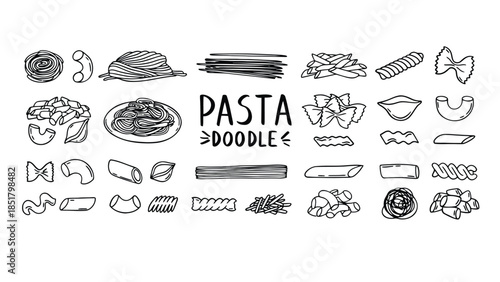 A variety of hand-drawn pasta shapes are displayed against a white background.