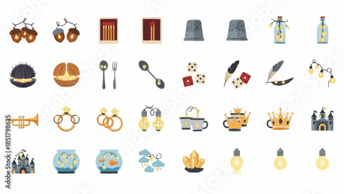 Collection of diverse objects and symbols in a grid layout.