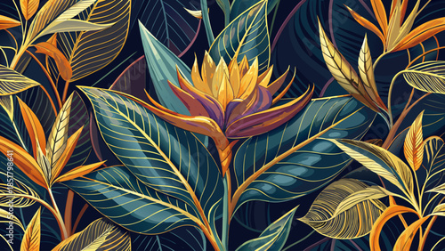 Very beautiful dark art background featuring hand drawn bird of paradise flowers with elegant gold line style details, designed as a luxurious botanical banner for wallpaper, textile, print, and inter
