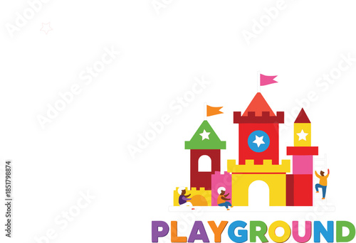  Colorful playground castle vector illustration, kids playing at fantasy playhouse with slide and ladder, creative children park design for education, fun, imagination