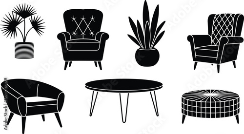 Black Silhouette Modern Furniture Set with Armchairs Coffee Table and Houseplants Minimal Interior Design Icons Vector Illustration Collection Living Room