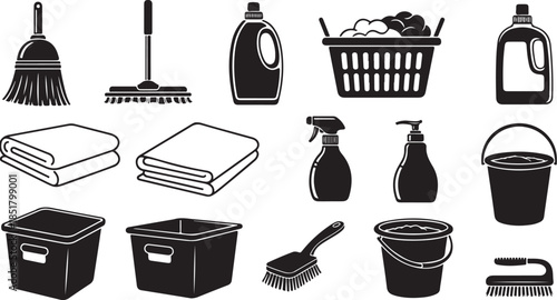 Cleaning and laundry supplies icon set