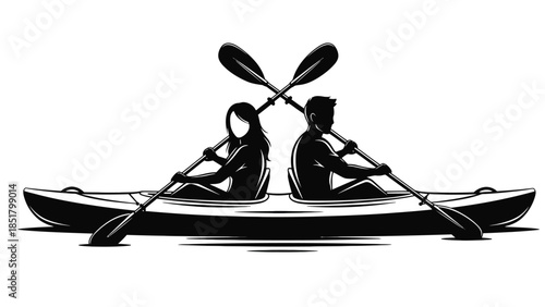 Two people paddle a tandem kayak across the water.