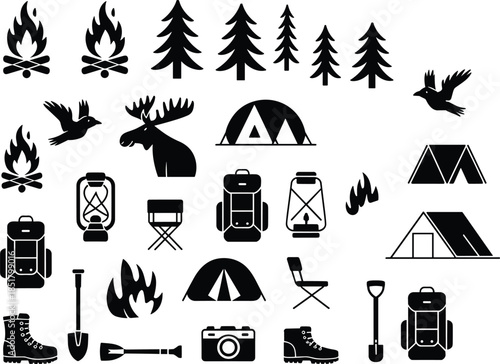 Camping and outdoor adventure icon set featuring tents, backpacks, campfire, wildlife, hiking gear in bold black silhouette vector style