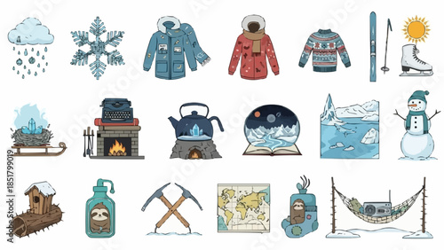 Winter Outdoor Adventure and Camping Gear Collection.