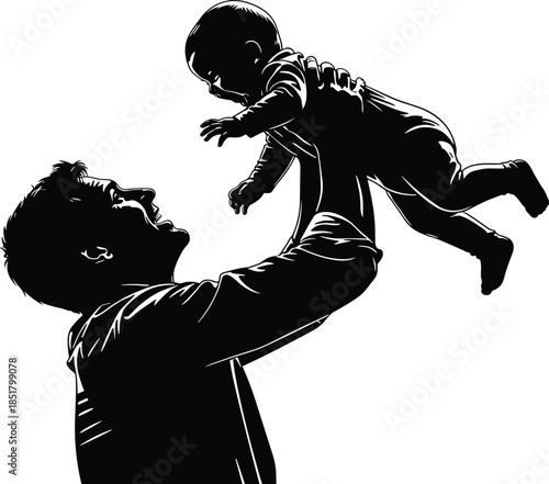  Father lifting baby silhouette illustration, loving parent and child moment in black and white vector style, emotional family bonding concept for parenting design