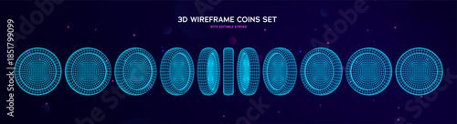 Wireframe 3D Coins on Dark Background Turntable With Editable Stroke For Animation, Game Design And Digital Modeling, Featuring Multiple Rotational Views. Wireframes Money Concept. Vector Illustration