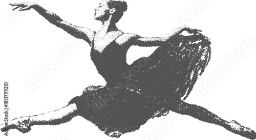 Ballet dancer in a graceful pose, showcasing elegance in a classic style. Black and white vector illustration emphasizing movement.