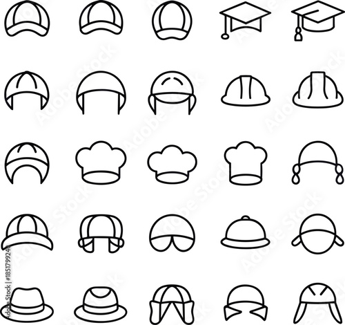 Headwear and helmet line icon set featuring caps, hats, hardhats, chef hats, graduation caps in clean outline vector style