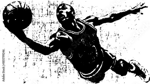 Basketball player mid-air in action, throwing the ball. Dynamic, isolated vector illustration captures the excitement of the game.
