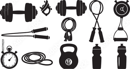 Fitness equipment icons black silhouette set