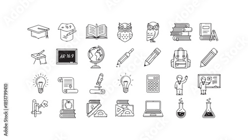 Hand drawn educational icons set representing various elements of learning and academic studies