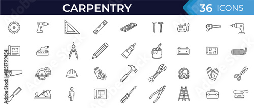 Carpentry outline icon set for woodworking and construction tools. Hammer, saw, drill, measuring, safety equipment and professional craft vector icons