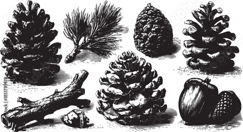 Pinecone illustration showcasing various shapes and textures. Vintage black and white vector set suitable for botanical themes.