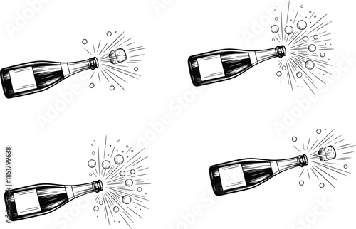 Vintage champagne bottle popping cork celebration illustration set with sparkling splash effects in hand drawn black ink style