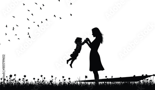  Mother and child silhouette vector illustration, loving mom lifting baby in nature field with birds, emotional family moment concept for parenting, care, childhood
