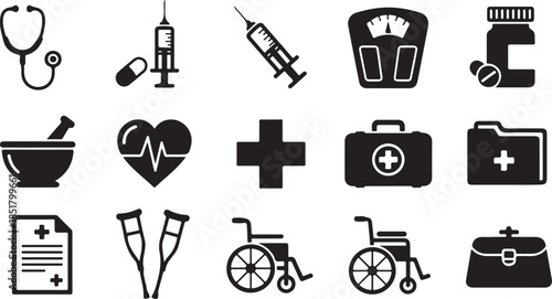 Medical health care equipment icons set