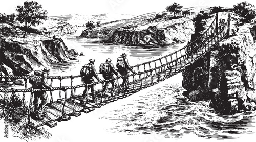 Silhouette of a group of hikers crossing a bridge over a river. This black and white vector illustration focuses on nature and adventure.