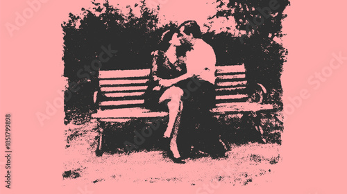 Couple kissing while sitting on a bench. Simple vector illustration featuring a pink background and nature elements in a modern style.