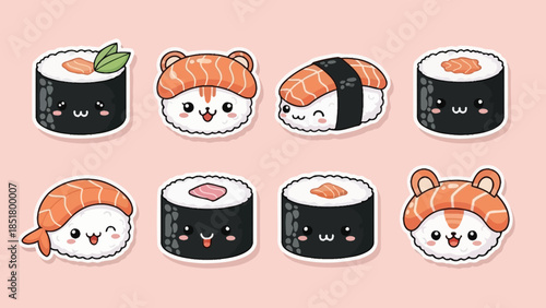 Gourmet Japanese seafood meal featuring a vector illustration set of sushi and rice icons on a plate for a restaurant dinner or lunch