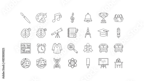 Comprehensive collection of hand-drawn education, learning, and school-related line art icons
