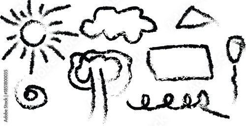 Ancient petroglyph drawing of sun cloud and geometric shapes