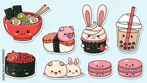 A cute vector set of funny monsters and different cartoon icons featuring delicious food like chocolate cake, sweet cupcakes, and cream muffins for a seamless birthday bakery pattern design