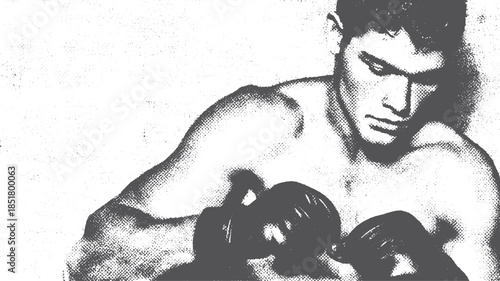 Boxing fighter focused on training. Male athlete in monochrome vector illustration, showcasing strength and power in action.