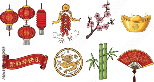 Flat lay of various traditional Chinese New Year decorations and symbols on a white background, including lanterns, blossoms, and festive icons.