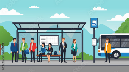 People waiting at a bus stop with a bus arriving on the side of the road.